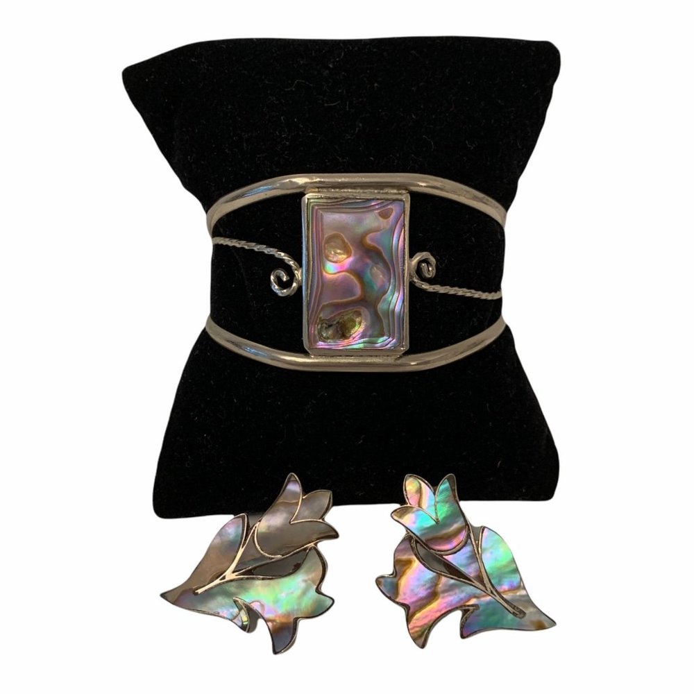 Vintage Sterling/Alpaca/Abalone Earrings & Cuff Screwback Mexico Jewelry